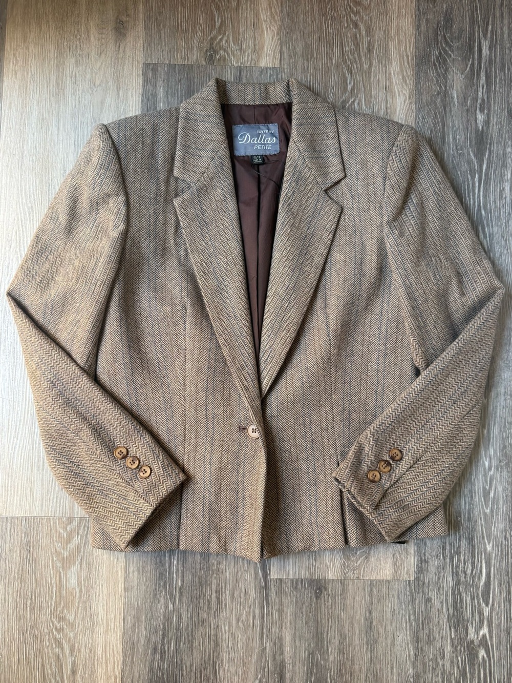 Vintage 80s Women's Boxy Tan Herringbone Wool Blazer Size 6 Petite